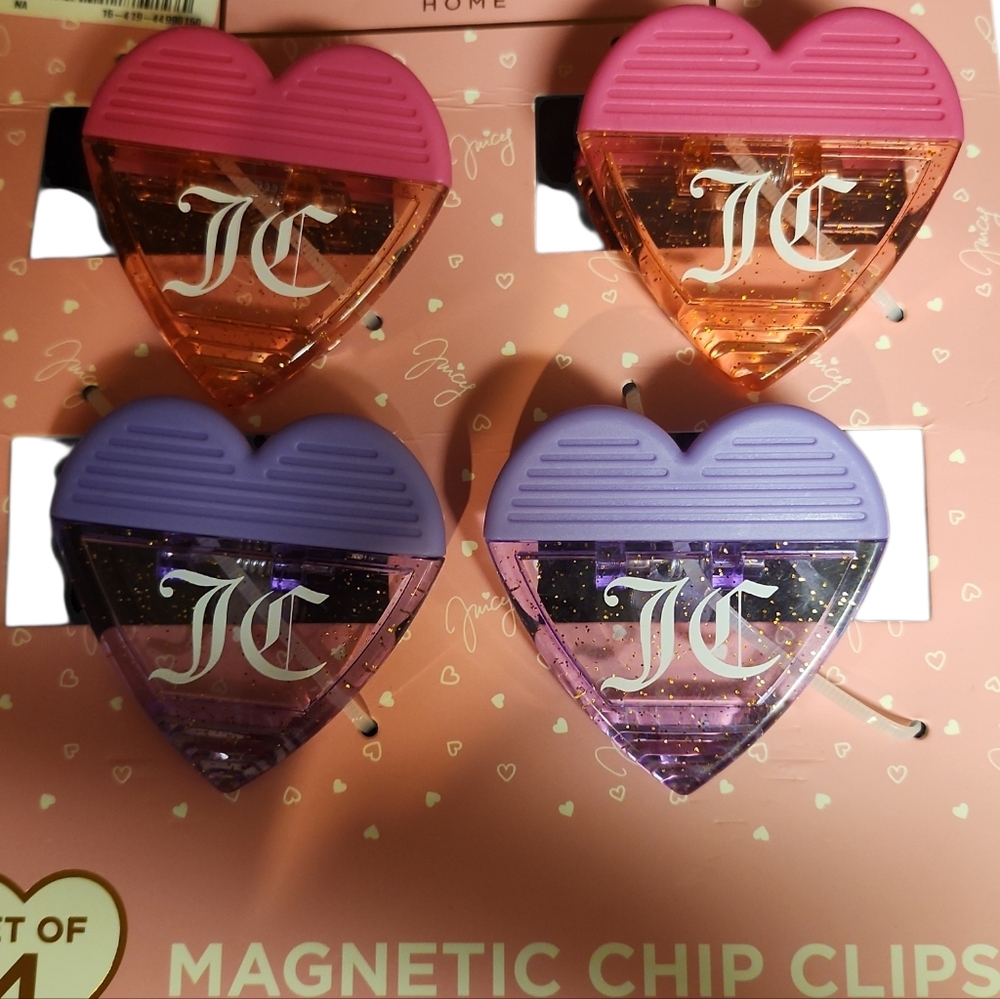 NWT Juicy Couture Pink and Purple Glitter Heart Magnetic Chip Clips